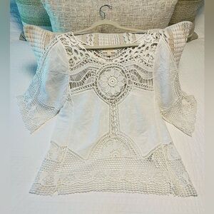 🌼 Boho Cream 3/4 Sleeve Lacy Crochet Top (NWOT), Size S